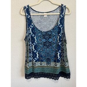 Billa Womens 100% Rayon Tank Top L Blue Sequin‎ Lace Trim Paisley Festival